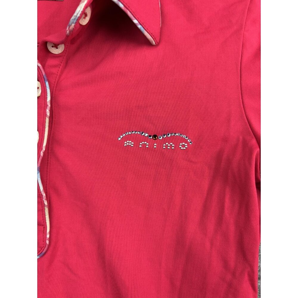 Animo Polo Shirt Womens Extra Small Red Plaid Trim Rhinestone Logo Made Italy - Picture 3 of 7